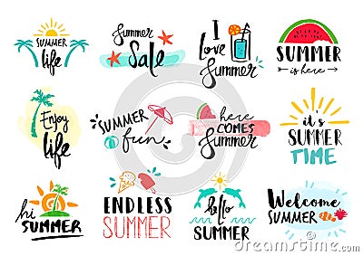 Summer quote set typography hand drawn decoration Vector Illustration