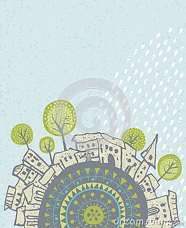 Summer rain falling over a city Vector Illustration