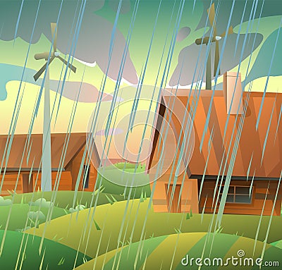 Summer rain on farmstead. Farmer house and farm garden. Landscape with rain weather. Jets of water pour from sky Vector Illustration