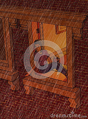 Woman on window sill in rain Cartoon Illustration