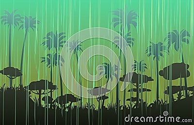 Summer rain in tropic jungle palm rainforest and dusk. Landscape with rain weather. Jets of water pour from the sky Vector Illustration