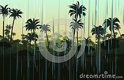 Summer rain in tropic jungle palm trees rainforest. Landscape with rain weather. Jets of water pour from sky. Cartoon Vector Illustration