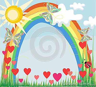 Summer rainbow and butterflies Vector Illustration