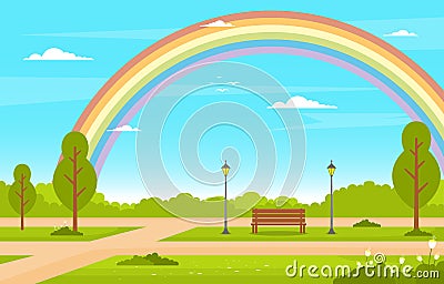 Summer Rainbow Green Nature Field Land Sky Landscape Illustration Vector Illustration