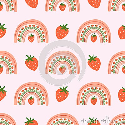 Summer rainbow pattern. Pink strawberry pattern. Summer berry fruit rainbow seamless background. Cute print Cartoon Illustration