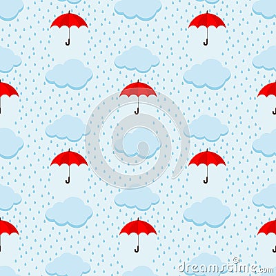 Summer rainy day sky cute vector seamless pattern with fluffy clouds and red umbrella on blue heaven background Vector Illustration