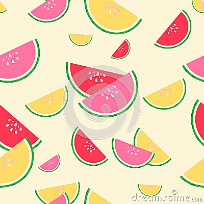 Summer red, pink and yellow watermelons seamless pattern Vector Illustration