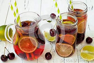 Summer refreshing homemade lemonade with cherry and lime Stock Photo