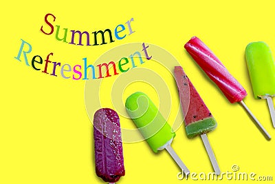 Summer refreshment with colorful letters and five ice cream on the yellow surface. Stock Photo