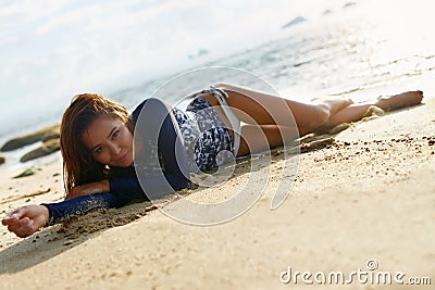 Summer Relaxation. Holidays Travel Vacation. Woman On Beach. Stock Photo