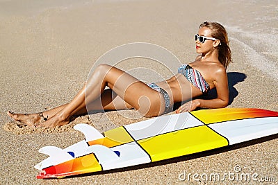 Summer Relaxation On Holidays Vacation. Healthy Woman On Beach. Stock Photo