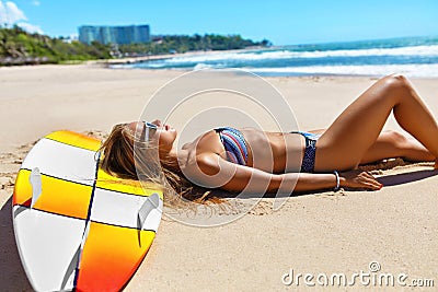 Summer Relaxation On Holidays Vacation. Healthy Woman On Beach. Stock Photo