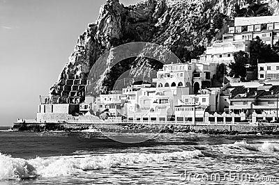 Summer resort Benidorm, Spain with beach and famous skyscrapers in the evening. Black and white Stock Photo