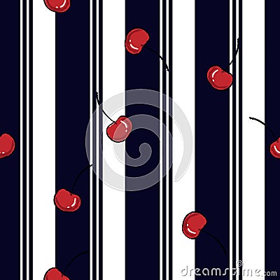 Summer resort stripe with fresh red cherry seamless pattern Stock Photo