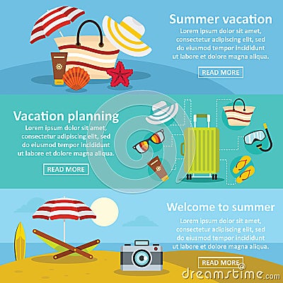 Summer rest banner horizontal set, flat style Vector Illustration