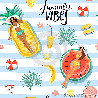 Summer rest and vacation collage. Seamless pattern with beautiful women floating on various inflatable rings in swimming pool. Vector Illustration