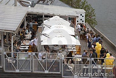 Summer restaurant on Strelka art cluster in Moscow. Editorial Stock Photo