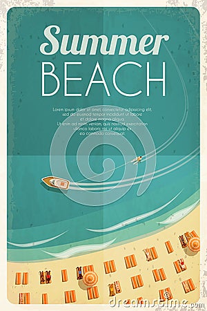 Summer retro beach background with beach chairs and people. Vector illustration, eps10. Vector Illustration