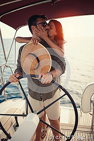 Summer romance on vacation - Romantic couple on the luxury boat enjoy Stock Photo