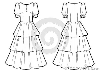 Summer romantic dress, buttons in front view, vector fashion illustration Cartoon Illustration