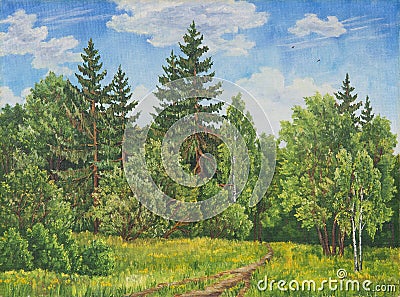 Summer rural landscape in Russia. A field and forest, a high grass. Original oil painting on canvas. Stock Photo
