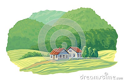 Summer rural landscape with two houses and forest hills. Vector Illustration