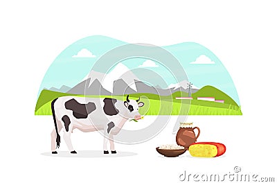 Summer Rural Mountain Landscape and Grazing Cow, Fresh Healthy Eco Agricultural Products Vector Illustration Vector Illustration