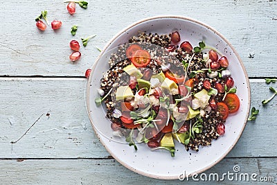 Summer Salad with Quinoa, Avocado, Tomatoes, Tahini Sauce and Germinated seeds Stock Photo