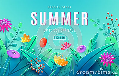 Summer sale ad background with paper cut fantasy flowers, leaves, stem isolated on blue sky backdrop. Minimal 3d style Vector Illustration