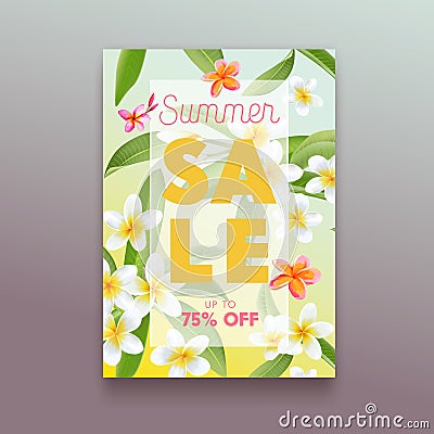 Summer Sale Ad Poster with Exotic Tropical Plumeria Flowers and Palm Leaves. Promotional Banner Vector Illustration