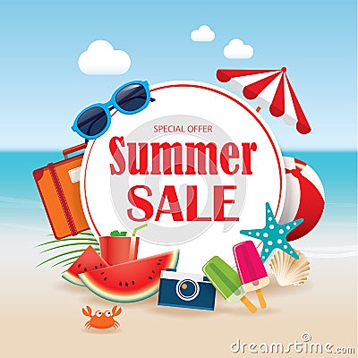 Summer sale background banner design template with colorful beach and object vacation elements. Vector Illustration