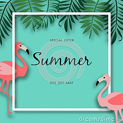 Summer sale background with beautiful flamingo bird, vector illustration template Vector Illustration