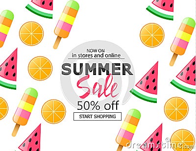 Summer sale background with colorful ice cream, slice watermelon and orange. Vector illustration template, banners. Wallpaper, fly Cartoon Illustration