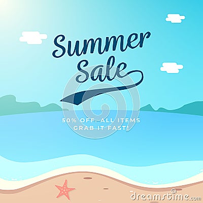 Summer Sale background design. beach scenery vector illustration Cartoon Illustration