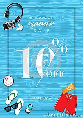 Summer sale background with paper art of summer accessories, vector illustration template, banners Vector Illustration