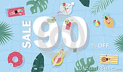 Summer sale background with tiny people, ball,float in the top view pool.Vector summer banner Vector Illustration