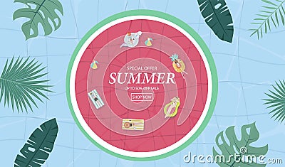Summer sale background with tiny people,umbrellas, ball,swim ring,sunglasses,hat in the top view pool.Vector summer banner Vector Illustration
