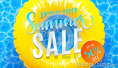 Summer sale banner background with blue water texture and yellow pool float. Vector illustration of sea beach offer Vector Illustration