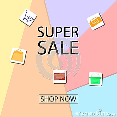 Summer sale banner design for promotion with shopping icons. Cartoon Illustration