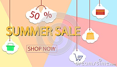 Summer sale banner design for promotion with shopping icons. Cartoon Illustration