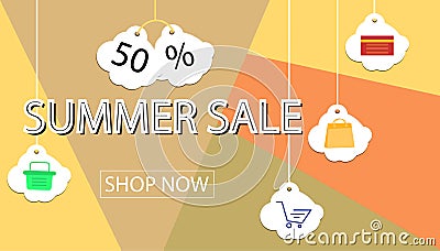 Summer sale banner design for promotion with shopping icons. Cartoon Illustration