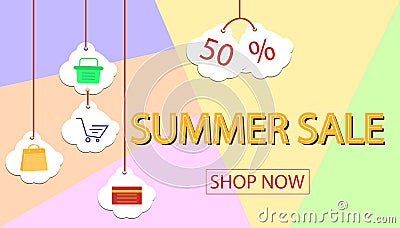 Summer sale banner design for promotion with shopping icons Cartoon Illustration