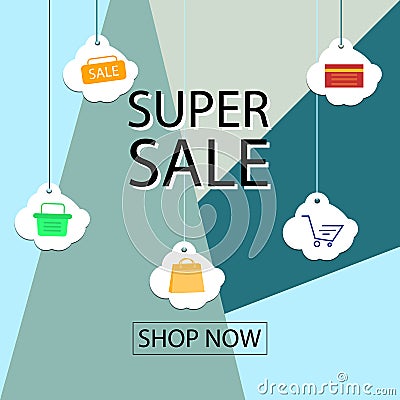 Summer sale banner design for promotion with shopping icons. Vector Illustration