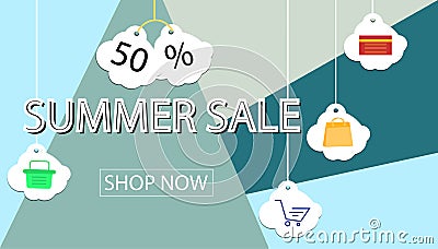 Summer sale banner design for promotion with shopping icons. Vector Illustration