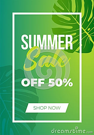 Summer sale banner with dual-tone gradient background and monsterra tropical leaves Vector Illustration