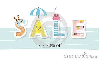 Summer sale banner. Funny cartoon letters. Vector Illustration