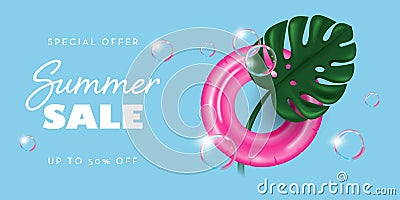 Summer Sale banner with the inflatable ring, Monstera Leaf, and soap bubbles. Vector illustration in 3D style Vector Illustration