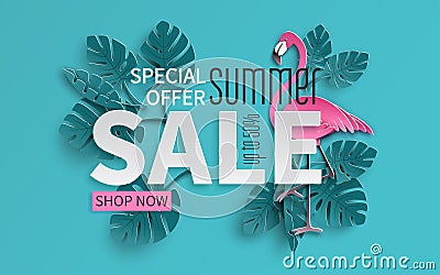 Summer sale banner with paper cut flamingo and tropical leaves background, exotic floral design for banner, flyer, poster Vector Illustration