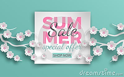 Summer sale banner with paper cut frame and blooming pink cherry flowers on green floral background for banner, flyer, poster Vector Illustration