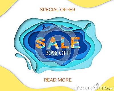 Summer sale banner with paper cut frame on blue sea and beach summer background with curve paper waves and seacoast for Vector Illustration